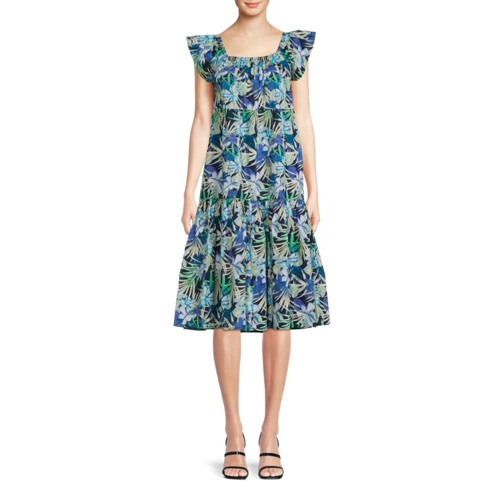 Women's Size Small (4-6) Tiered Square Neck Dress Dark Navy Soft Tropical Floral
